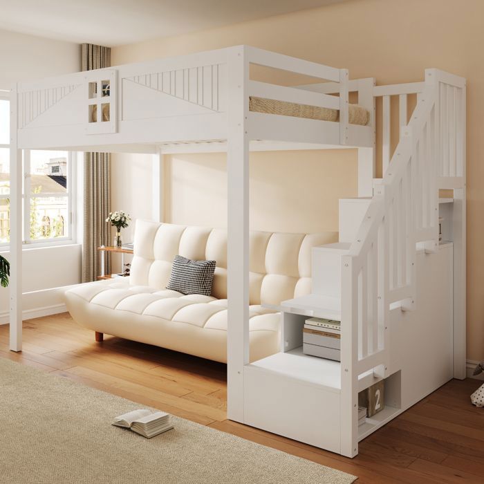 Lit mezzanine blanc - ZEMINPEOEL - Couchage 140 x 200 cm - Escalier de rangement réversible - Garde-corps avec fenêtre