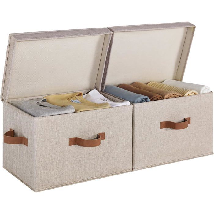 Lot de 2 boîtes de rangement en tissu marron‑beige avec couvercle et poignées panier décoratif étagères et rangement des vêtements