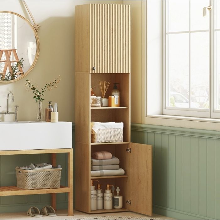 Colonne de salle de bain chêne 40x31x182 cm 2 portes 2 étagères ouvertes 3 niveaux réglables anti-basculement JOINERY