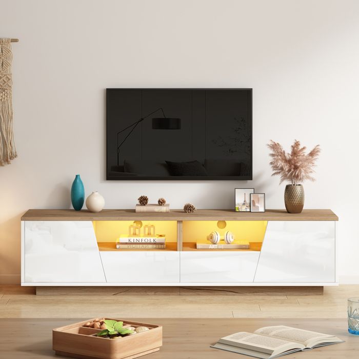 Meuble TV 180 cm LED Bois et Blanc Banc TV Laqué pour Écran 75 Pouces avec 2 Tiroirs et 2 Portes Meuble Salon Moderne