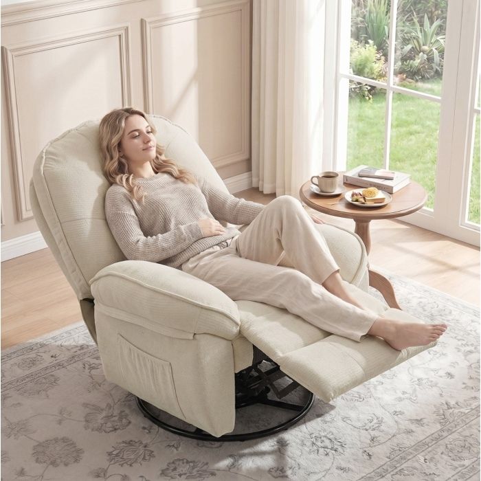 WUVRIE Fauteuil relax pivotant 360° inclinable 145° chenille repose-pieds 1 place blanc crème