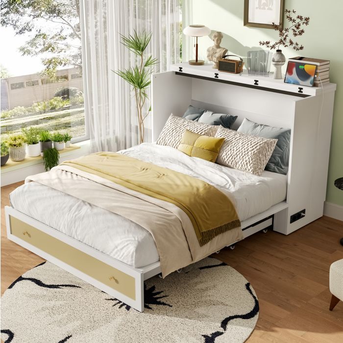 Lit escamotable 140x200 convertible en armoire avec rangement étagère de tête USB et prise blanc sans matelas ORVRYN
