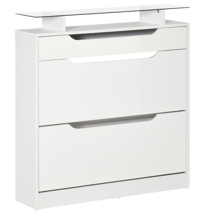 Meuble à chaussures étroit-Armoire à chaussures-16 paires-2 abattants-1 tiroir-Plateau en verre-Blanc brillant-89x23x96 cm