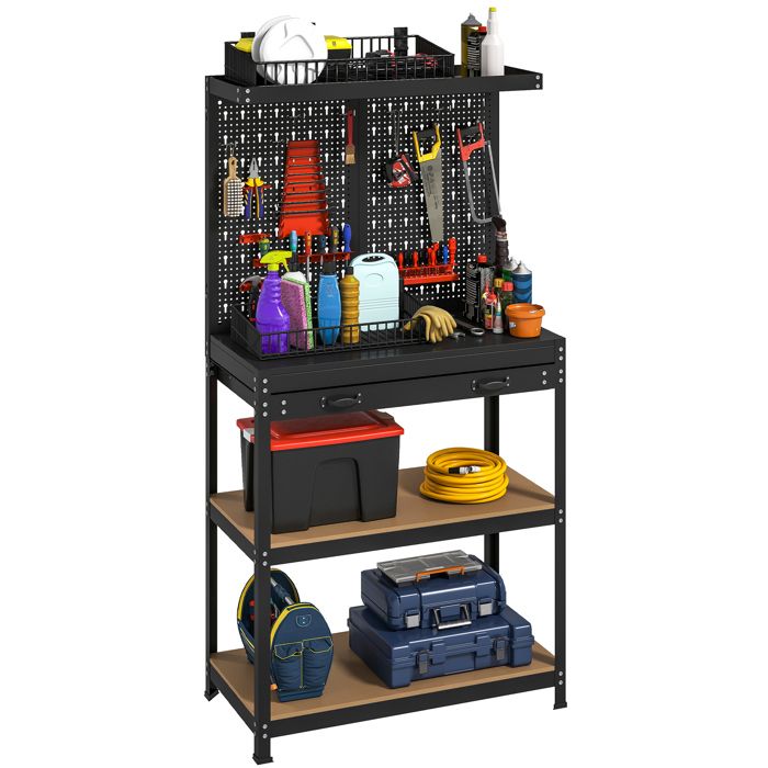 Établi datelier. plan de travail avec panneau perforé. 14 kits de suspension. 2 étagères et tiroir. 80x40.5x155cm. noir