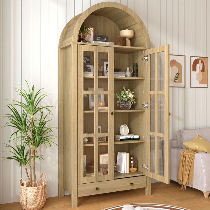 Vitrine haute à arc en MDF avec portes en acrylique et tiroir meuble de rangement 75 x 35 x 170 5 cm bois naturel