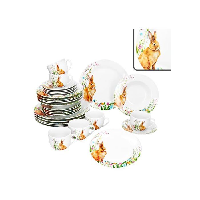 Service de table 30 pièces - MAMBOCAT - motif lapin de Pâques - printanier - Porcelaine - Passe au lave-vaisselle Service de table 30 pièces - MAMBOCAT - motif lapin de Pâques - printanier - Porcelaine - Passe au lave-vaisselle