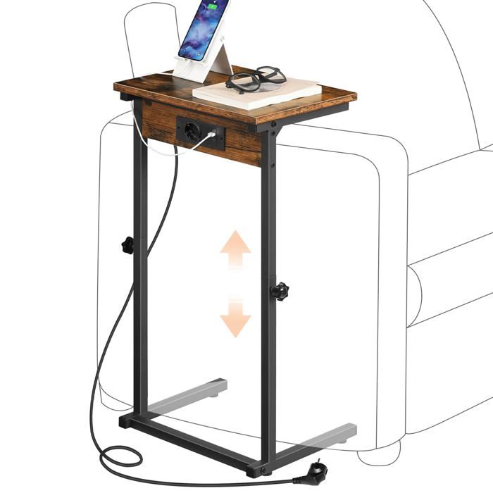 Table d’Appoint en Fme de C Table pour Canapé avec Station de Recharge Réglable en Hauteur Marron Marron Rustiqu TABLE DAPPOINT