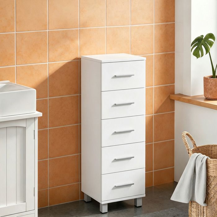 Meuble de Salle de Bain 5 Tiroirs Meuble de Rangement 30 x 30 x 95 cm Commode Salle de Bain 30 x 30 x 95 cm Blanc