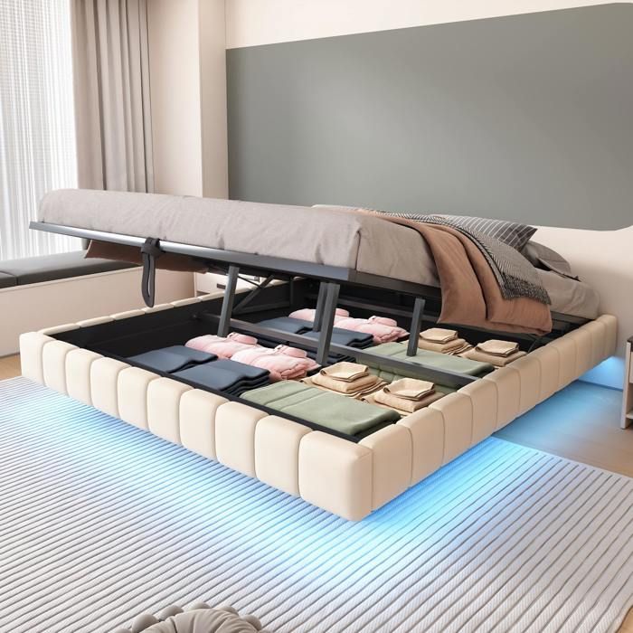 Lit coffre 180x200 cm beige lin sommier hydraulique relevable tête led structure tapissée