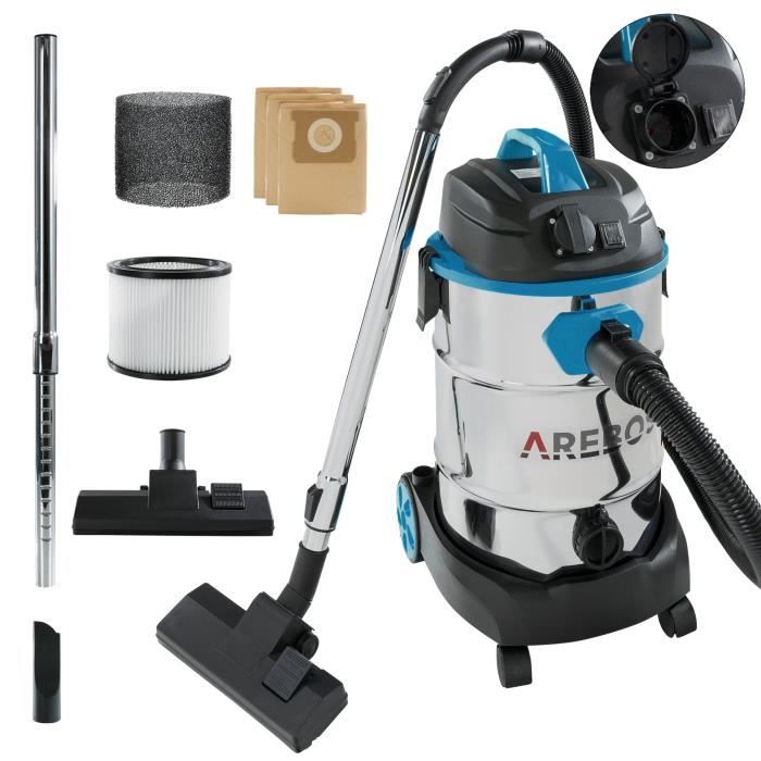 AREBOS Aspirateur Industriel | Aspirateur Eau et Poussière | Aspirateur Professionnel | Aspirateur Sec et Humide | 1600W | 30L