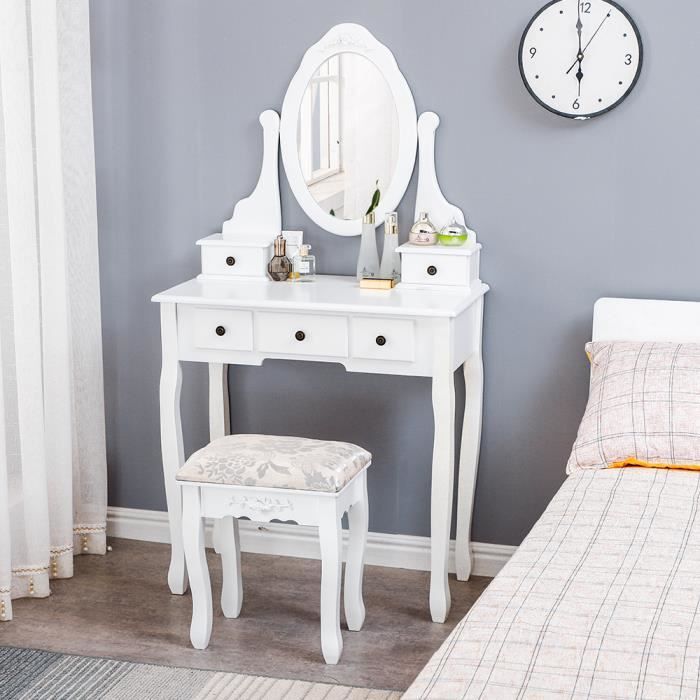 Coiffeuse Fille Blanche - Style Princesse - Pour 3 à 8 Ans - Avec Miroir Cœur Et Tiroirs
