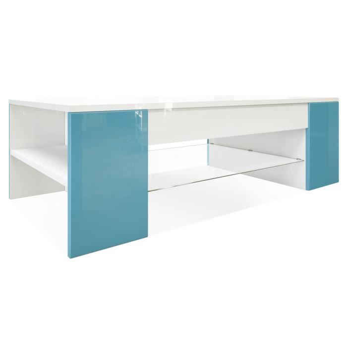 vladon table de salon table basse clip en blanc avec des bordures en turquoise haute brillance