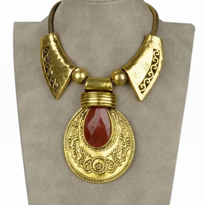 Collier Plastron Art Déco Style Ethnique - Bronze/laiton Et Résine Doré, Longueur 45+6 Cm, Occasion