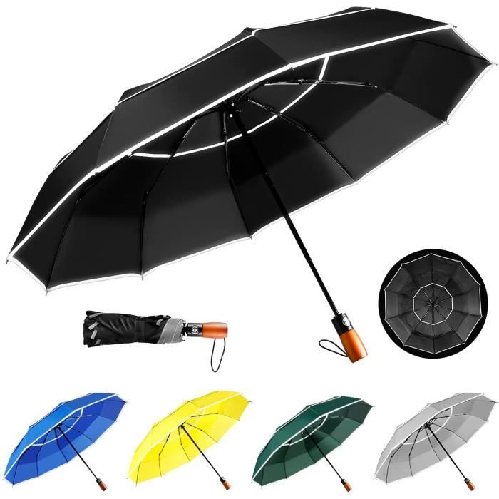 YumSur Parapluie Pliant,10 côtes Compact Parapluie Automatique Ouverture Pliable et Fermeture Résistant au Vent à Tempête Léger Solide Parapluie avec Bande Réfléchissante pour Hommes Femmes 