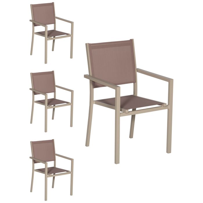 Lot de 4 chaises en aluminium taupe - textilène taupe Lot de 4 chaises en aluminium taupe - textilène taupe