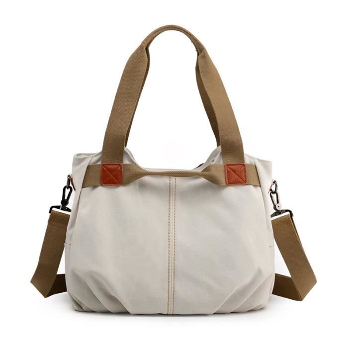 Sac à Main en Toile Femme INSFITY - Blanc - Grande Capacité - Bandoulière - 35x22x28 cm