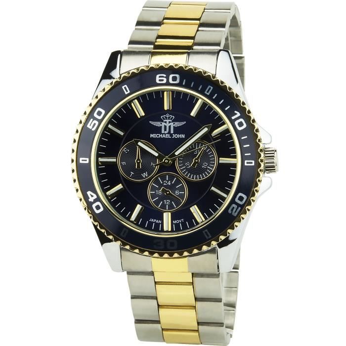 MICHAEL JOHN Montre Homme Bleu Or Quartz Boitier Acier Affichage