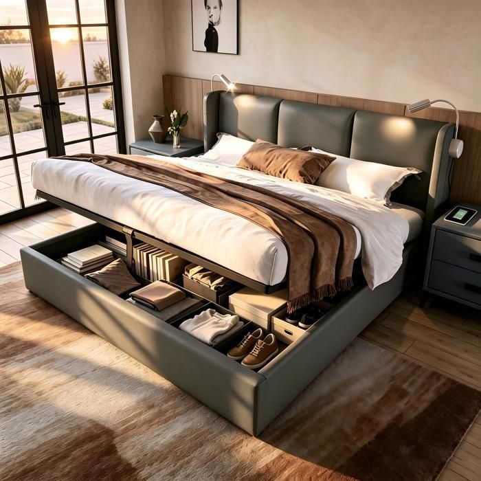 ModernLuxe Lit coffre 140x200 cm avec sommier à lattes lampes de lecture et ports USB en PU gris