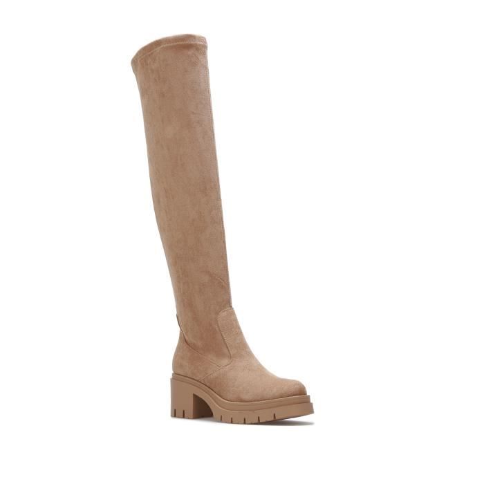 cuissardes crantées en suédine - la modeuse - haute - talon 7cm - plateforme 3cm - taupe