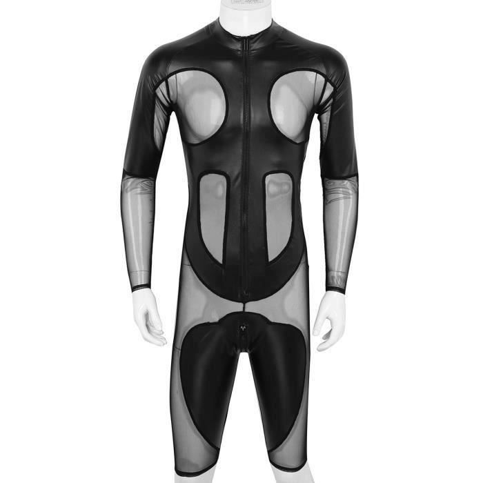 T-shirt Homme Wetlook Résille Et Similicuir, Manches Courtes, Fermeture éclair, Slim