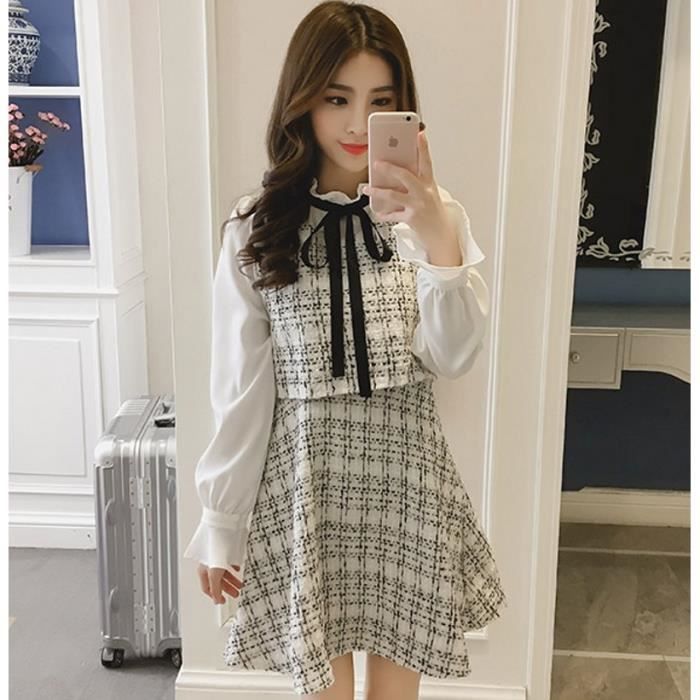 Robe Robe coreenne a manches longues Vintage elegante pour les fetes nouvelle collection automne hiver 2019 Blanc Cdiscount Pret a Porter