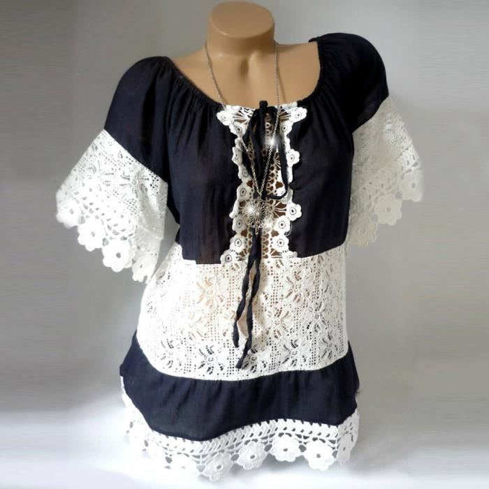 TIMEMEAN Top Femme Manches 3/4 - Imprimé Floral Avec Dentelle Et Col V - T-shirt Tendance