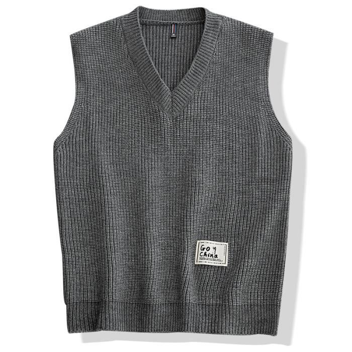 Gilet Pull Homme Tricoté sans Manche Col en V Regular Fit Couleur  Unie Gris fonce