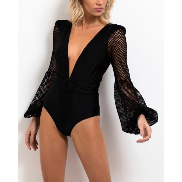 Maillot De Bain 1 Pièce Femme - Col V Volants - Contrôle Ventre Push Up - Noir Taille M