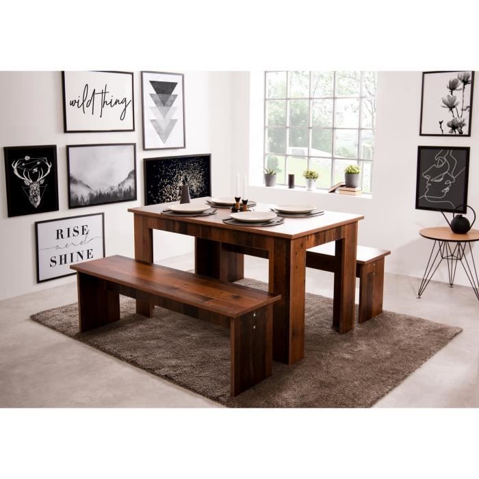 Ensemble Table à manger 140x80 cm + 2 bancs - Boisé Old Style - L 140-180 x P 80 x H 77 cm - MUNICH