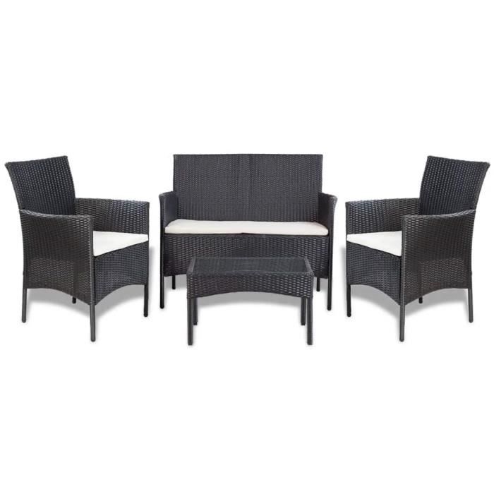 Salon de jardin - OVONNI - Résine tressée - Noir et blanc crème - 4 personnes