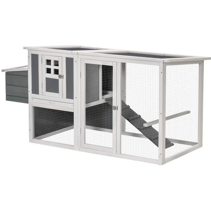 Meilleurs prix pour PawHut Poulailler en bois avec 2 aires de course pondoir toit ouvrant en panneaux PC 162 x 76,5 x 79,5 cm gris