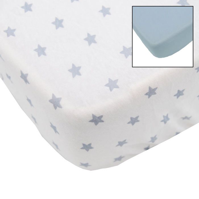 BABYCALIN Lot de 2 draps housse Jersey coton - Bleu uni et impression etoile bleue - 60 x 120 cm