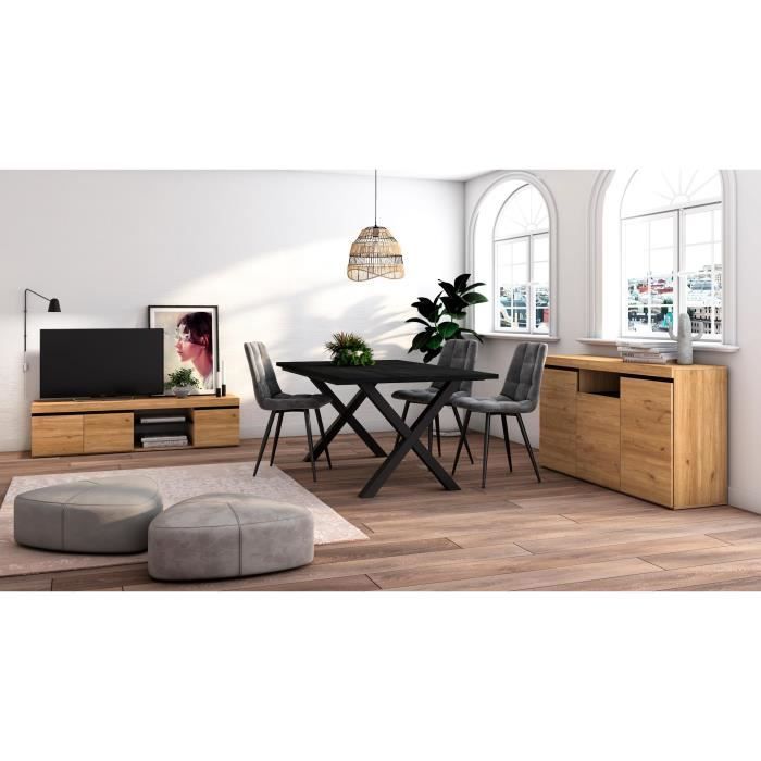 Ensemble de meubles de salon, Table 170 Noire pieds X 8 convives, Meuble TV 160, Buffet 140, Chêne et Noir, RF1240