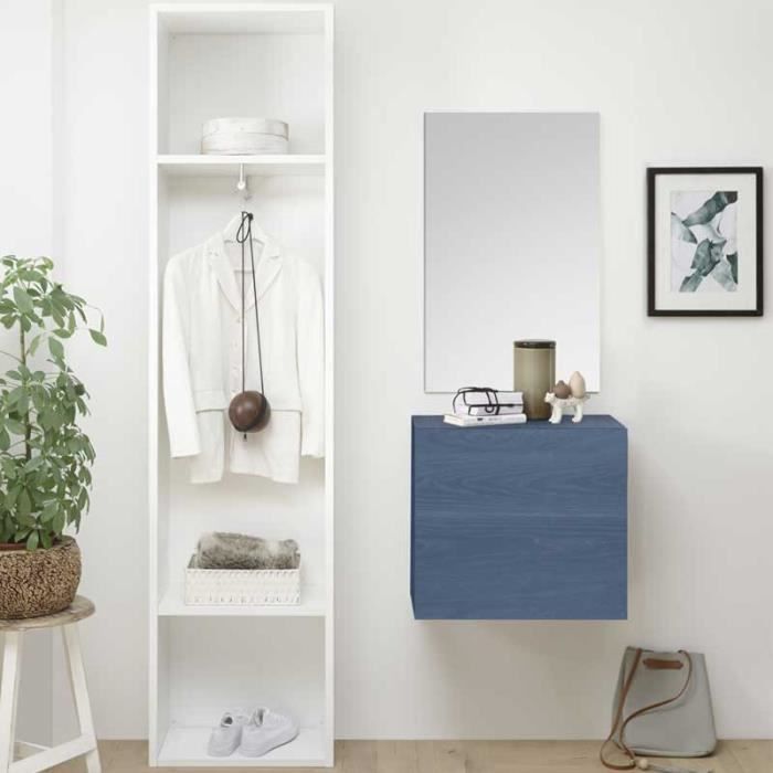 meuble d'entrée bleu + miroir + vestiaire - scopello - l 105 x l 30 x h 205