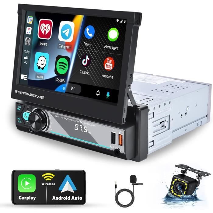 1 DIN Autoradio Écran Motorisé Rétractable 7 Pouces avec sans Fil Carplay Android Auto, Hodozzy Flip Out Ecran Tactile Poste Radio Voiture 1 Din Bluetooth FM MP5 USB/AUX/Lien Miroir/SWC Caméra