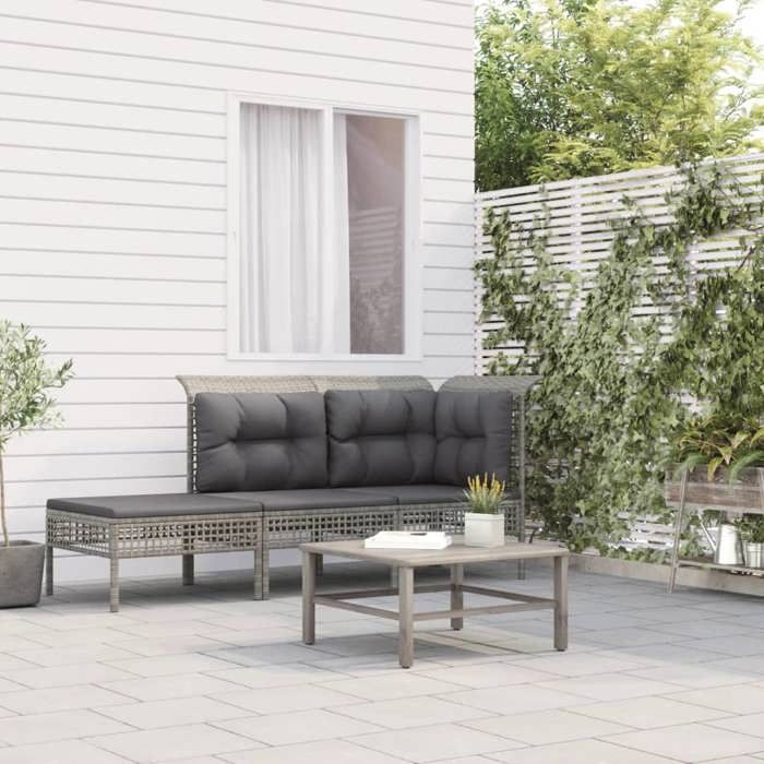vidaXL Salon de jardin 3 pcs avec coussins Gris Résine tressée ensemble de salon dextérieur ensemble de mobilier 319661