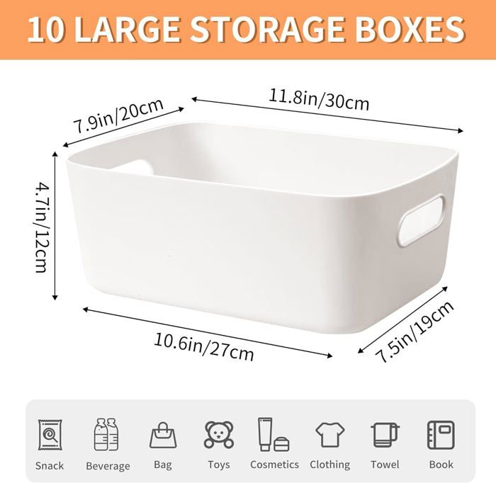 ZLPBAO Lot De 12 Paniers De Rangement Plastique – 2 Tailles Avec Poignées, Organisateurs Empilables Pour Cuisine, Salle De Bain, Bureau