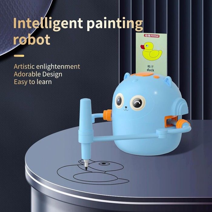 Sxhlseller Robot de Dessin éducatif Interactif Intelligent pour Enfants de Plus de 5 Ans, Machine d'apprentissage Créative avec 100 Cartes de Mots Bleu Noir Blanc