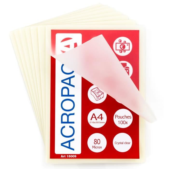 ACROPAQ 100 Pochettes de plastification A4 80 microns