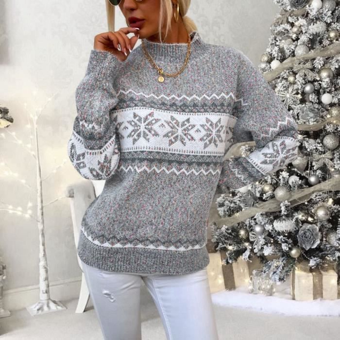 Pull Femme Hiver Chic Pullover Col Rond Jacquard Chandail de Flocon de  Neige de Noël pour Femmes à col roulé Pull en Tricot Gris - Cdiscount  Prêt-à-Porter