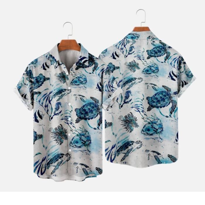 Chemise Hawaïenne Homme été INSFITY Grande Taille Imprime tortue  Bleu/Blanc Manches Courtes