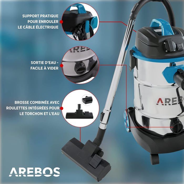 Aspirateur Industriel AREBOS - 1600W - 30L - Acier Inoxydable - Fonction de  soufflage - Bleu - Cdiscount Bricolage