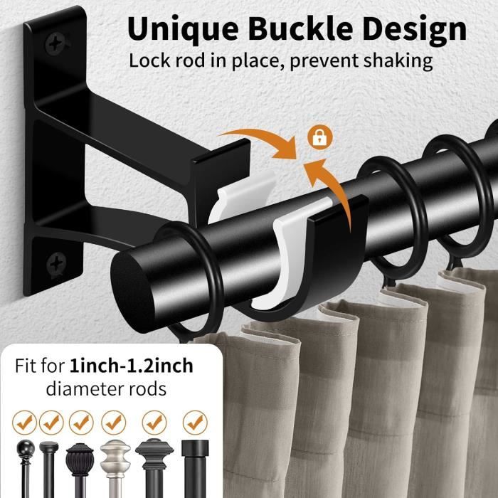 Supports De Tringle à Rideaux Réglables - Lot De 4, En Métal Noir Pour Tubes Jusqu'à 25mm - Fixation Murale Ou Plafond