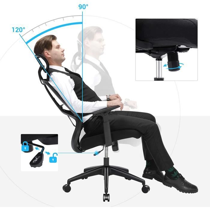 Chaise de bureau ERGO MOOV' - Tissu et maille - Dossier haut avec soutien  lombaire - Appui-tête - Accoudoirs - Mécanisme synchrone avec réglage  profondeur d'assise sur