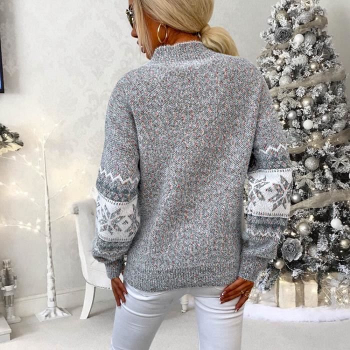 Pull Femme Hiver Chic Pullover Col Rond Jacquard Chandail de Flocon de  Neige de Noël pour Femmes à col roulé Pull en Tricot