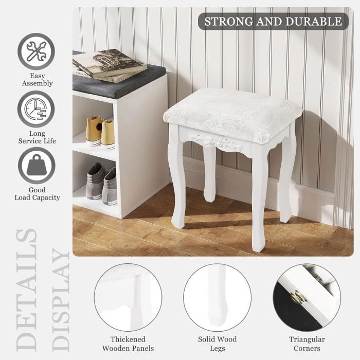 Tabouret Coiffeuse Rembourré - Blanc, Patins Antidérapants - Dressing, Maquillage, Entrée