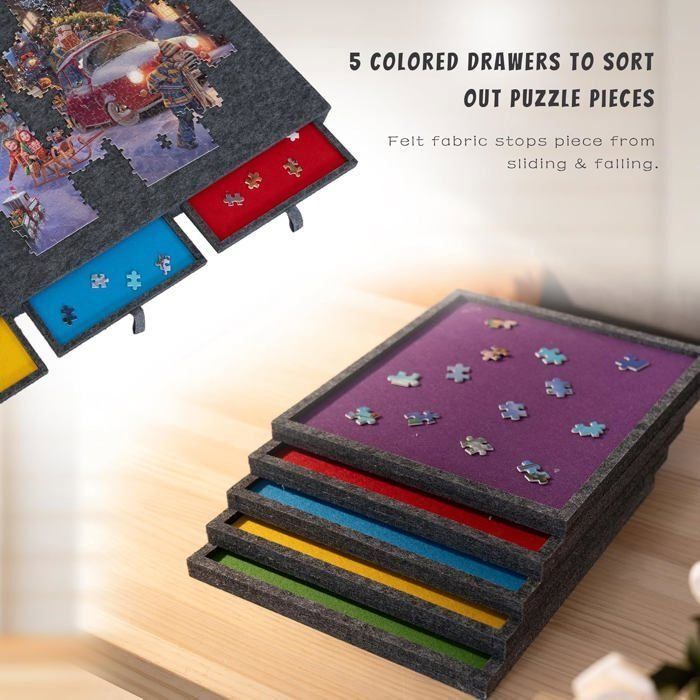 Planche Inclinée Pour Puzzle 1500 Pièces - Support Avec Couvercle Et 6 Tiroirs - Feutre Gris Clair