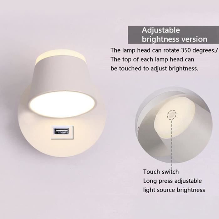 Lampe de Lecture à LED 8W avec Câble et Prise, Applique Murale Lampe de  Chevet avec Interrupteur Tactile et port USB, Applique (H) - Cdiscount  Maison