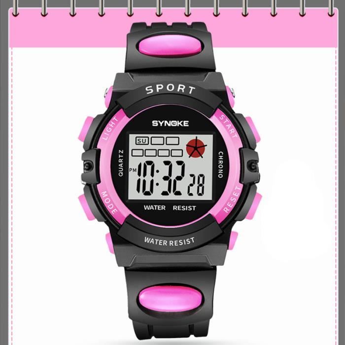 Montre enfant fille numérique sports LED multifonction calendrier  chronographe réveil sangle en plastique étanche rose noir