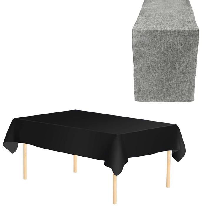 Nappe en plastique jetable noire et protection de table en toile de jute  Gris Décoration d'événement Lot de 4